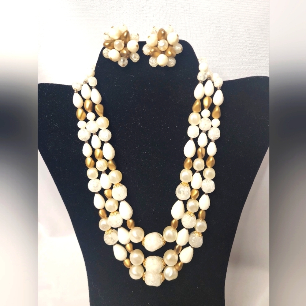 West GermanyTri-Strand White and Gold Bead Necklace and Clip Earring Set